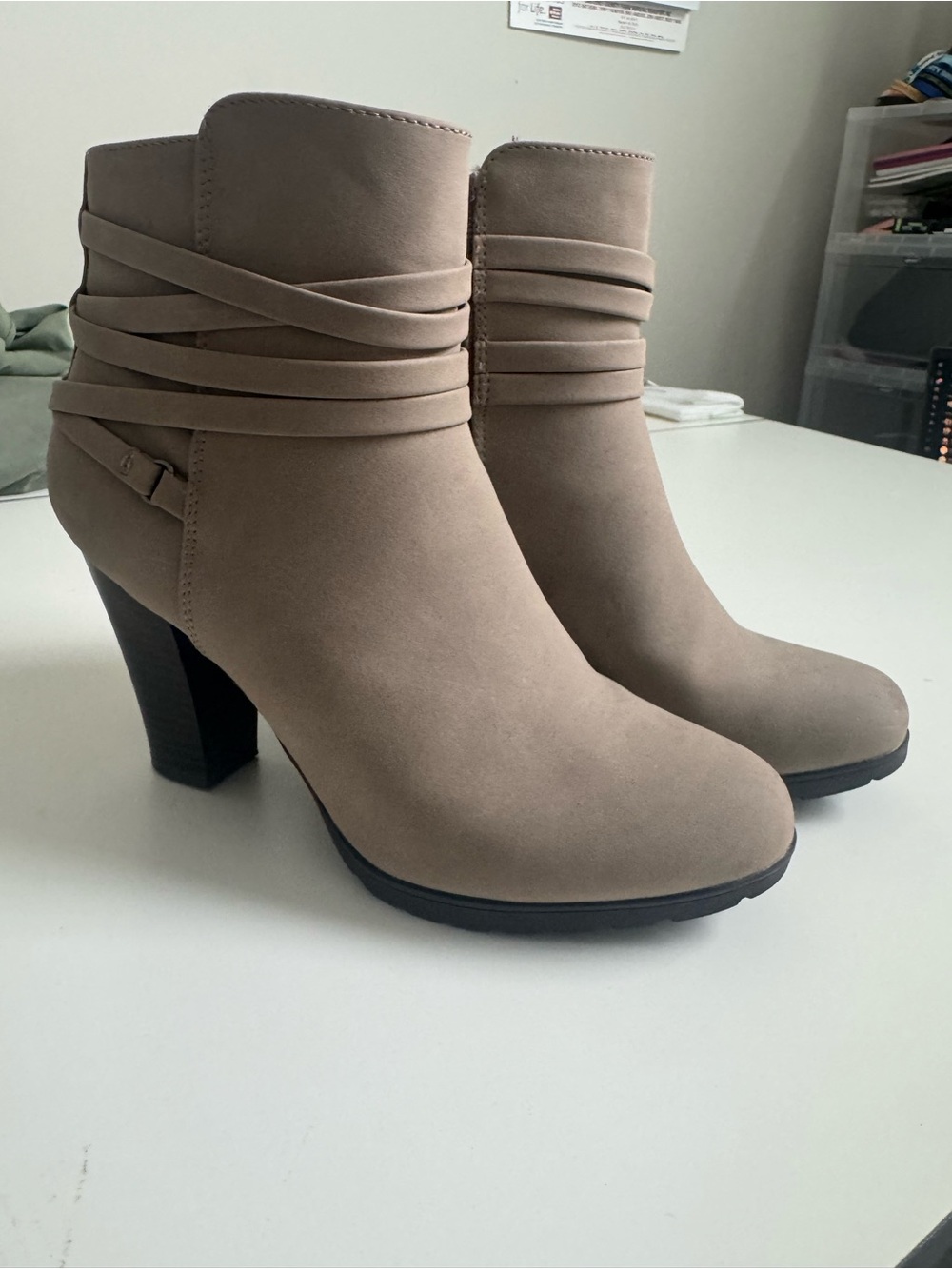 White Mountain Taupe Ankle Booties with Wrapped Straps